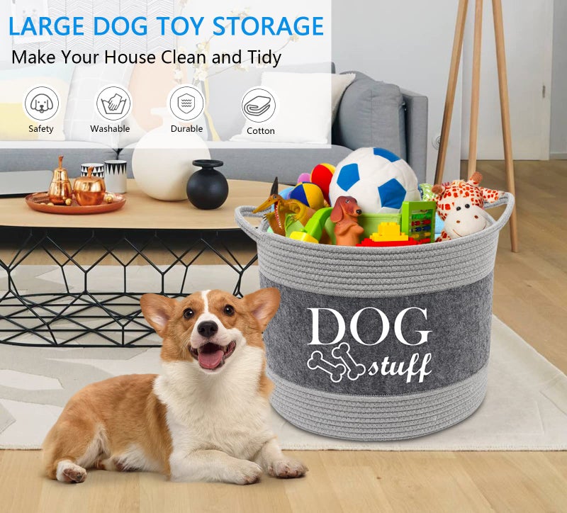 Morezi Cotton felt round dog toy box and dog toy basket storage with handle, doggie toy bin - Good idea for organizing pet toys, blankets, leashes, clothing, dry food and any doggie stuff - Image 2